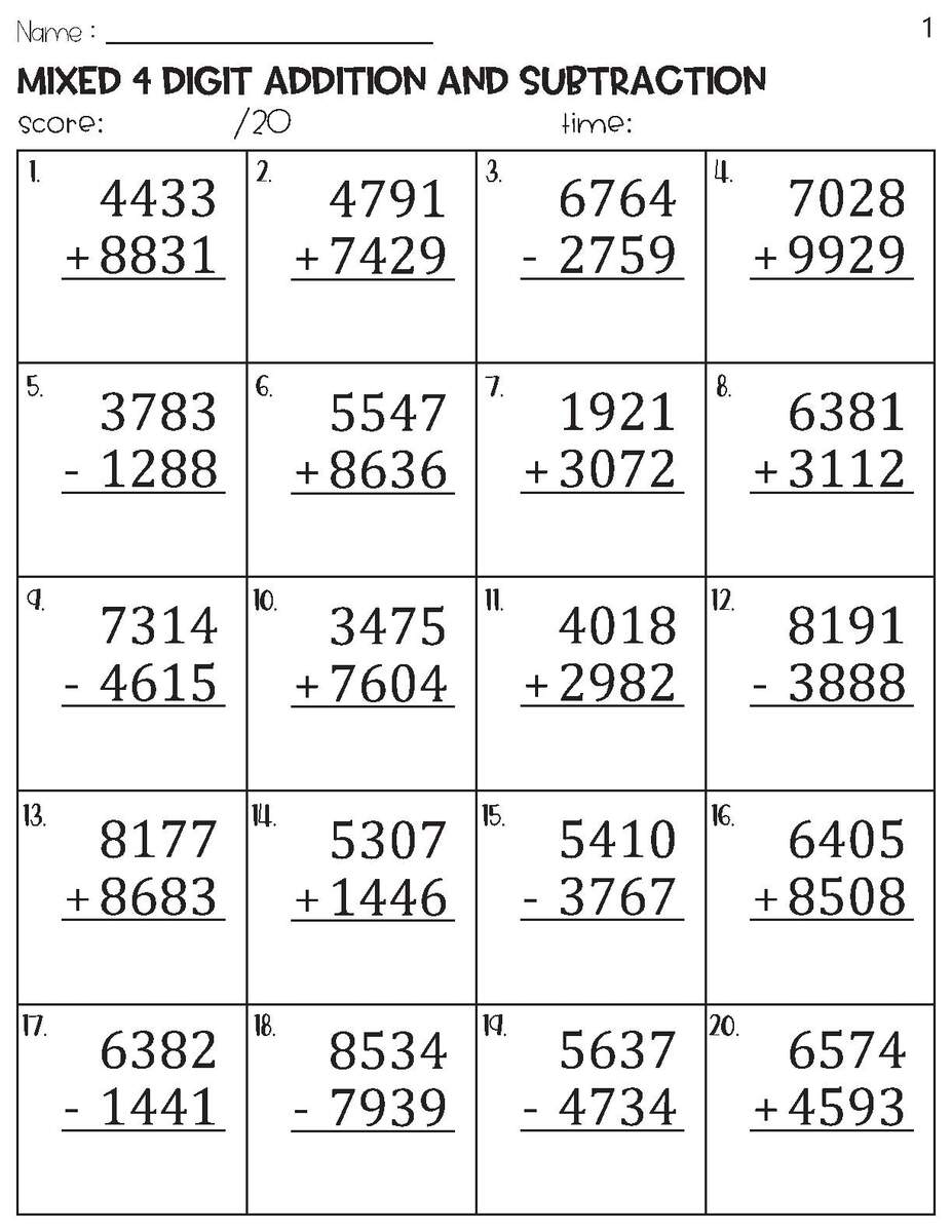 100 Four Digit Mixed Addition And Subtraction With And Without Regrouping Worksheets Etsy