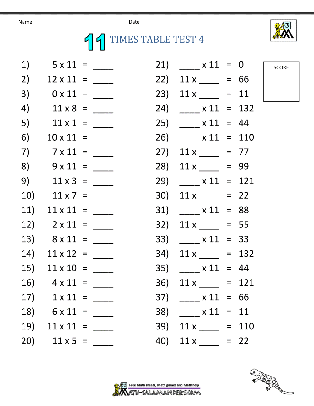 11 Times Tables Worksheets