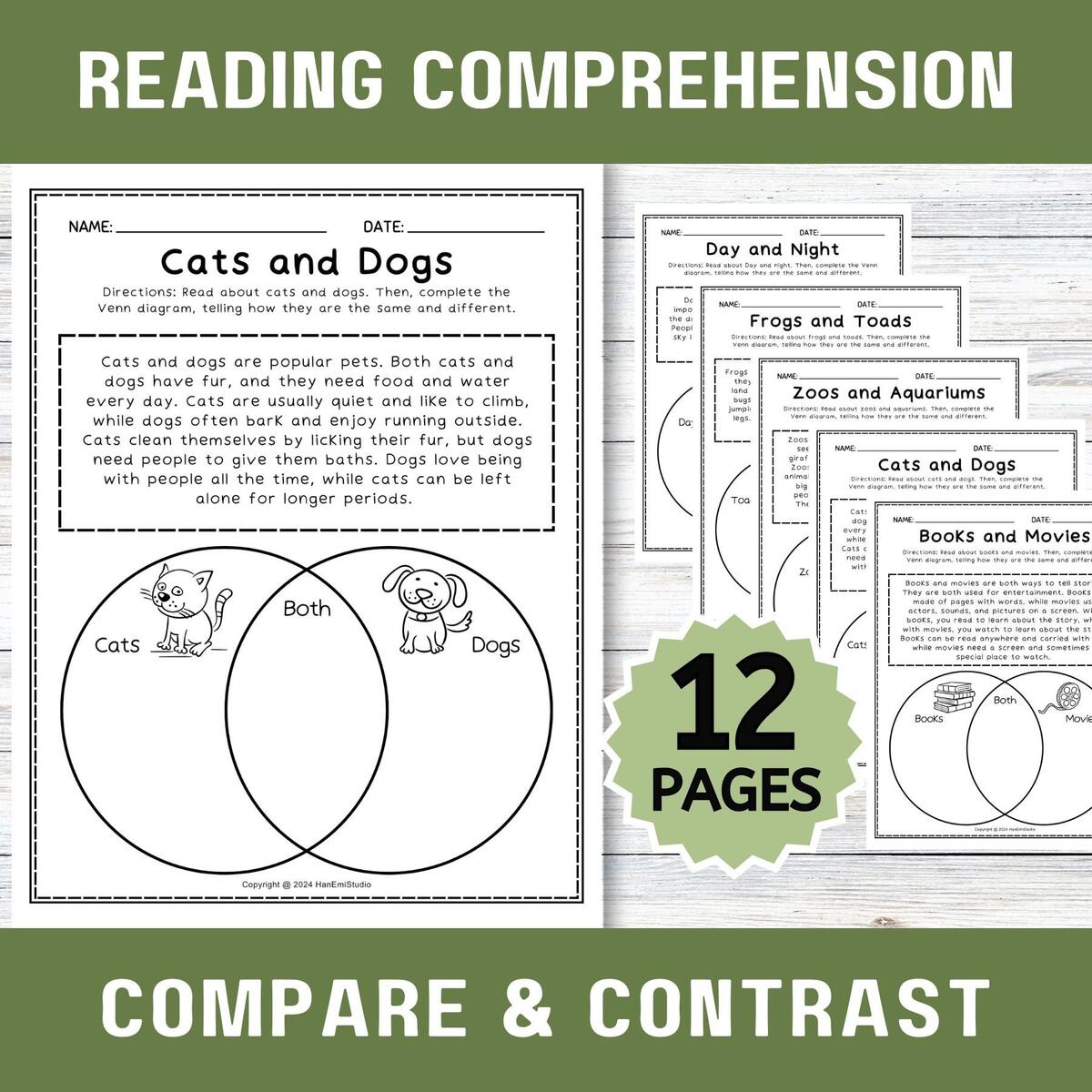 12 Compare And Contrast Worksheets Reading Comprehension Worksheet Similarity And Difference Worksheet Venn Diagram Comparison Worksheet Etsy