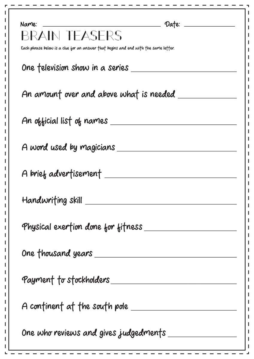 Brain Teasers Worksheet XVI Student Handouts