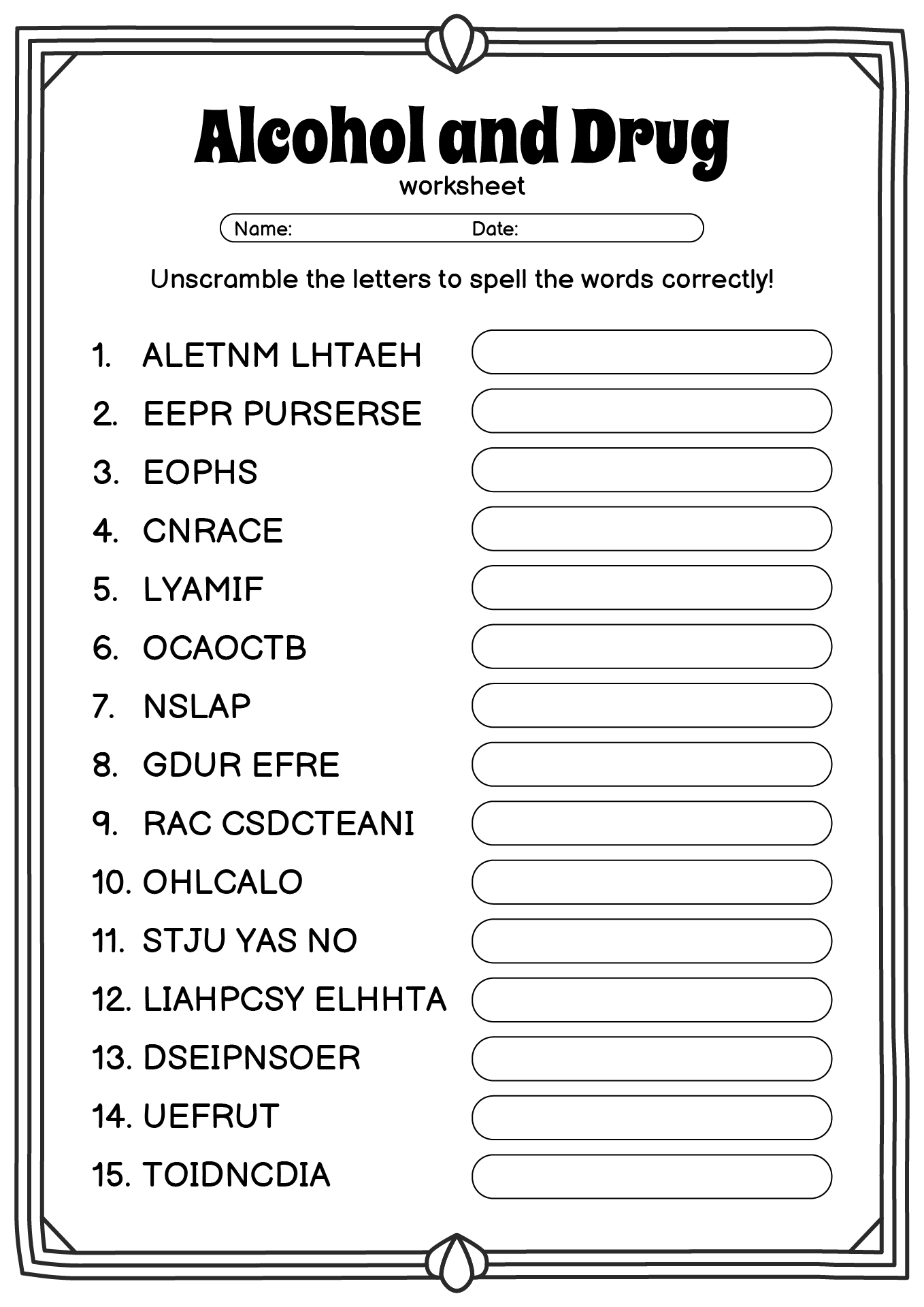 Drug And Alcohol Awareness Word Search WordMint