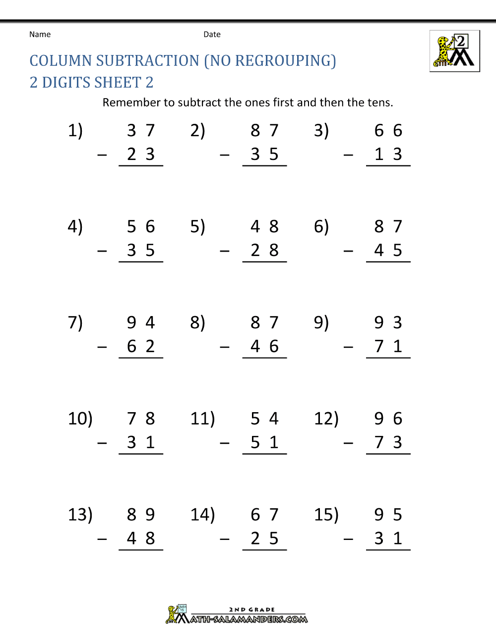 Double Digit Subtraction Without Regrouping K12 Math Worksheets