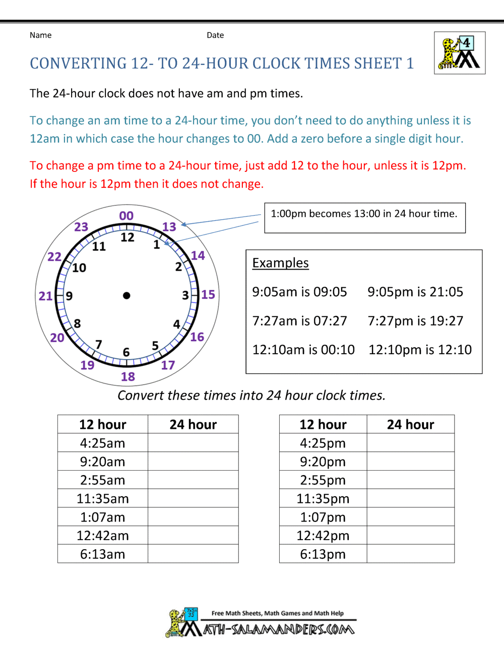 24 Hour Clock Conversion Worksheets Worksheets Library
