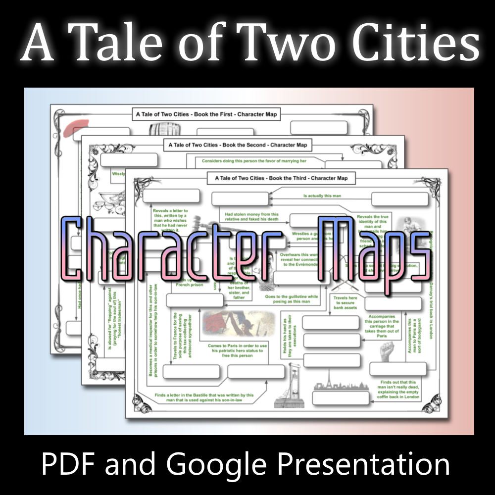 3 Character Maps For A TALE OF TWO CITIES Worksheet Quiz Test NO PREP Just Print On PDF Slides Classful