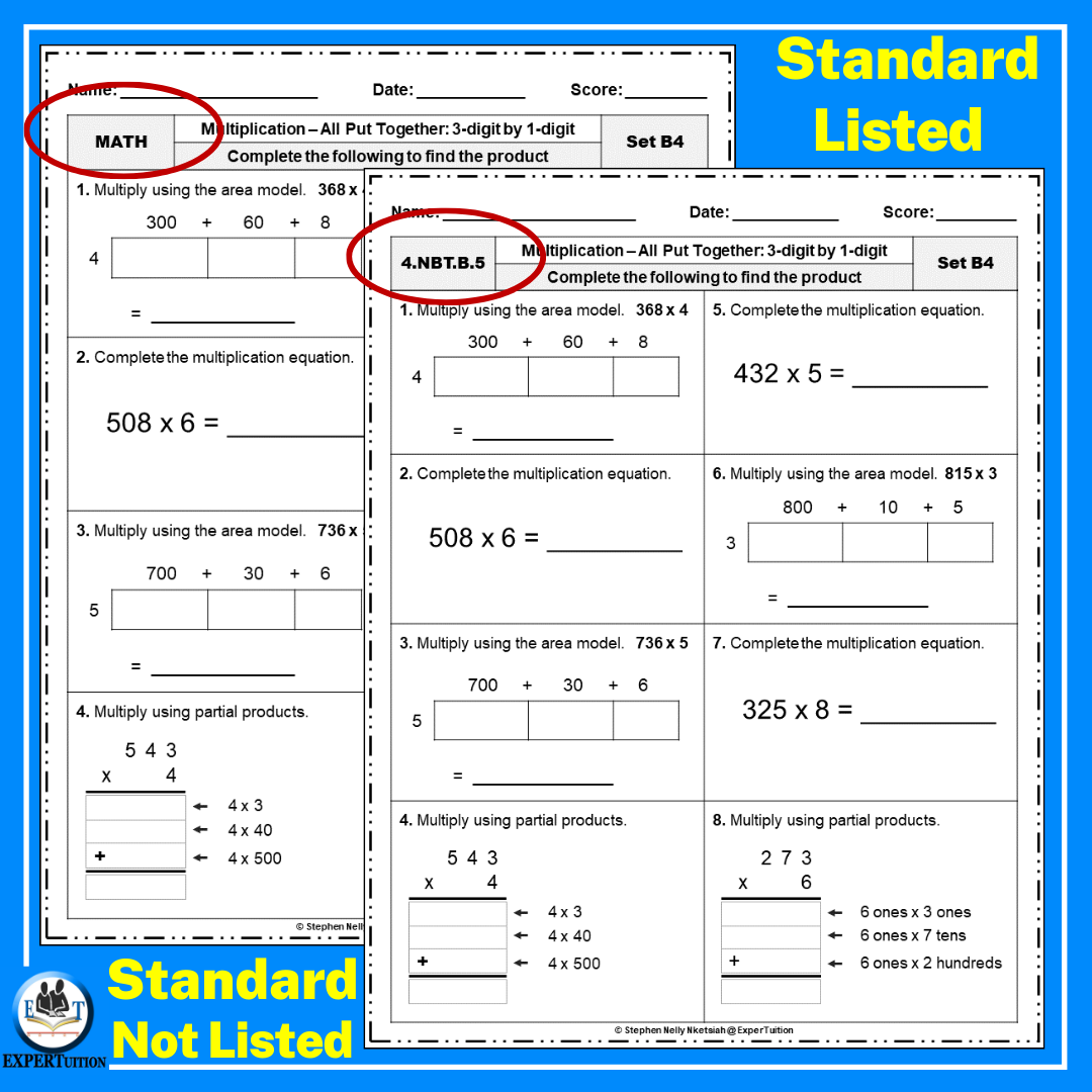 3 Digit By 1 Digit Multiplication Assessment Worksheets Area Models Partial Products Made By Teachers
