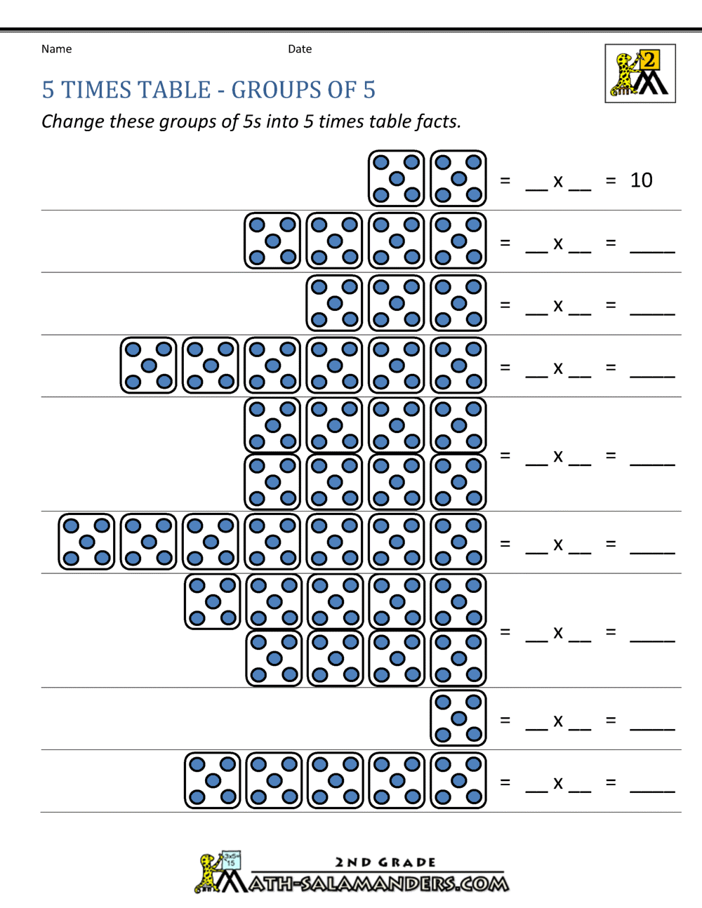 5 Times Table Multiplication To 5x5 Worksheets For 2nd Grade