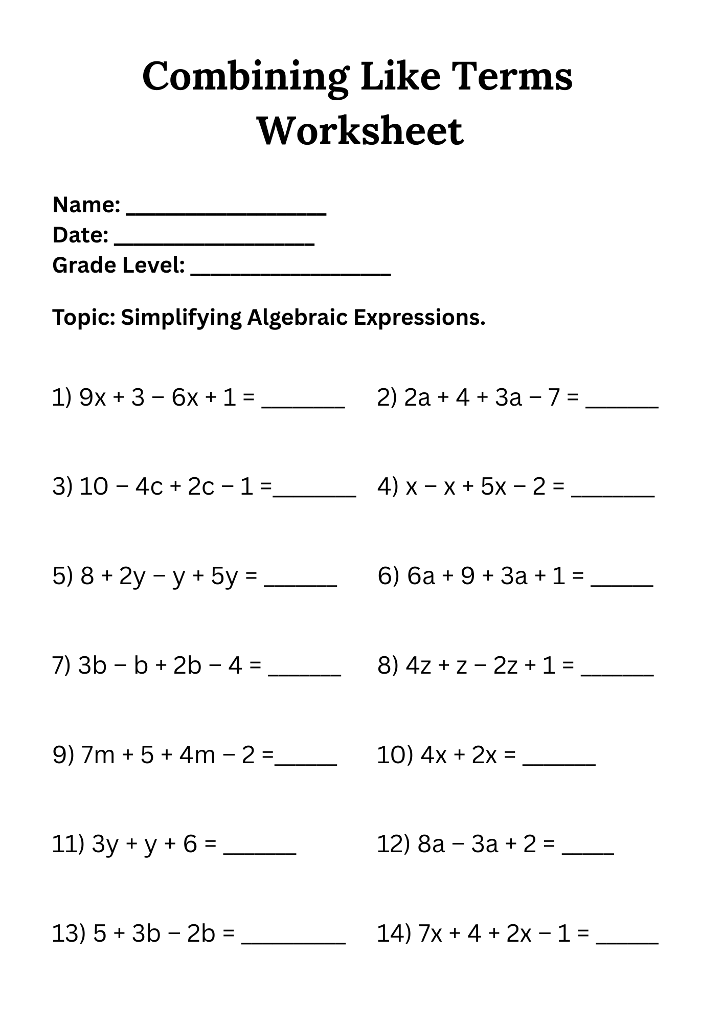 50 Free Printable Combining Like Terms Worksheet To Download In PDF