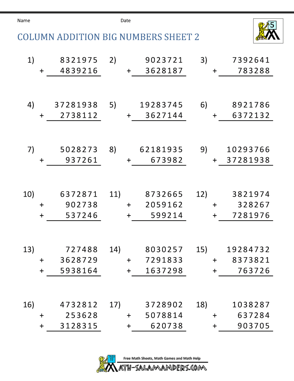 5th Grade Addition Worksheets