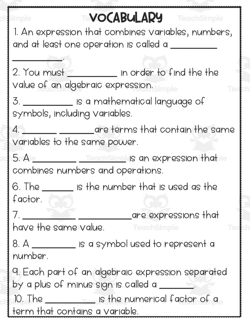 6th Grade Algebraic Expressions Student Guided Notes By Teach Simple