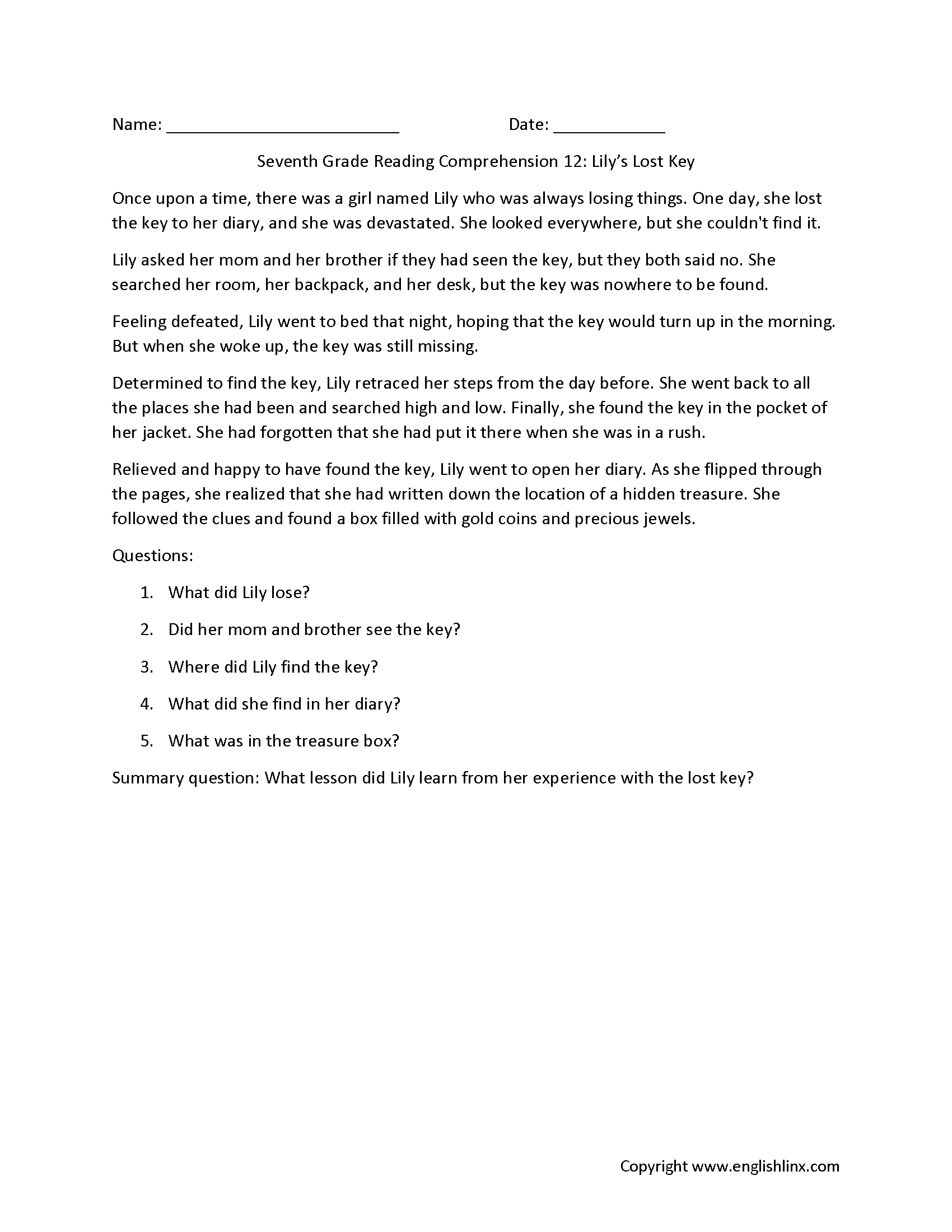 7th Grade Reading Comprehension Worksheets Printable Passages Questions Theme Worksheet 7 Reading Activity