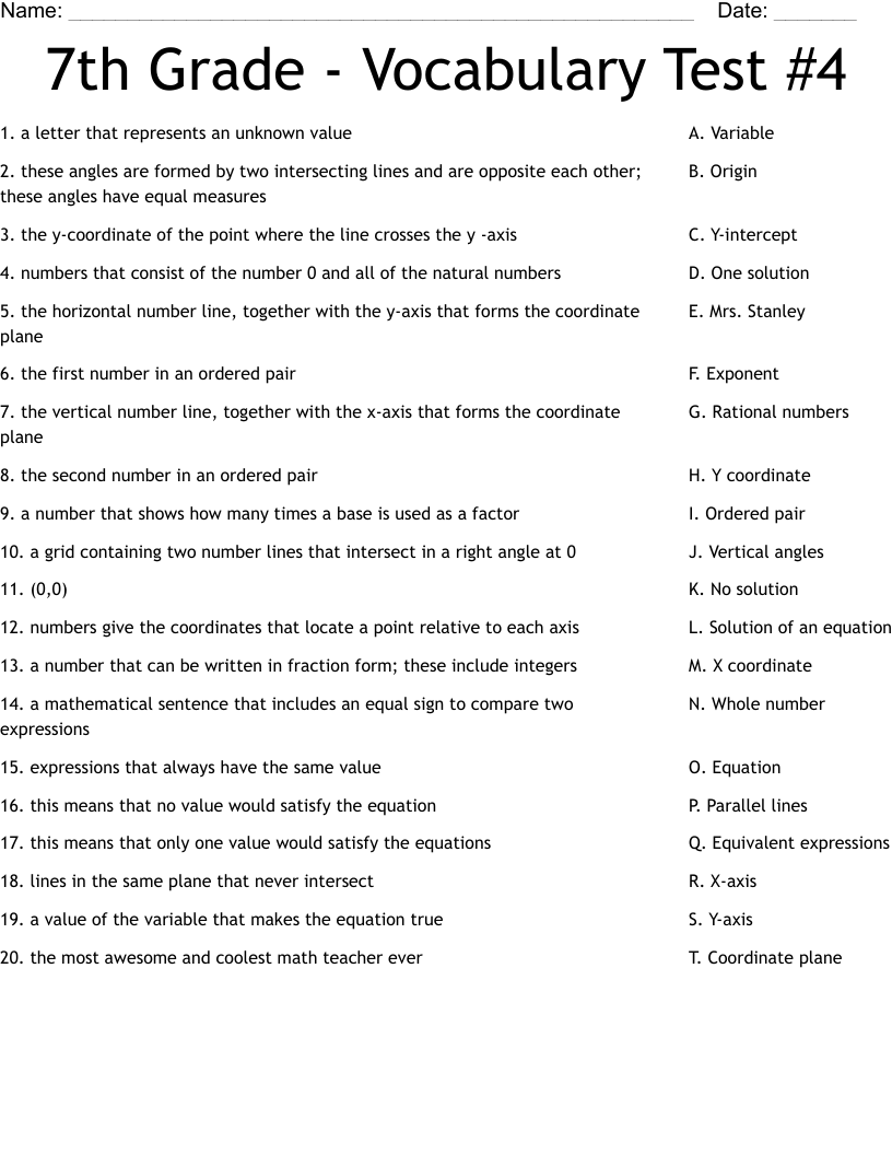 7th Grade Vocabulary Test 4 Worksheet WordMint