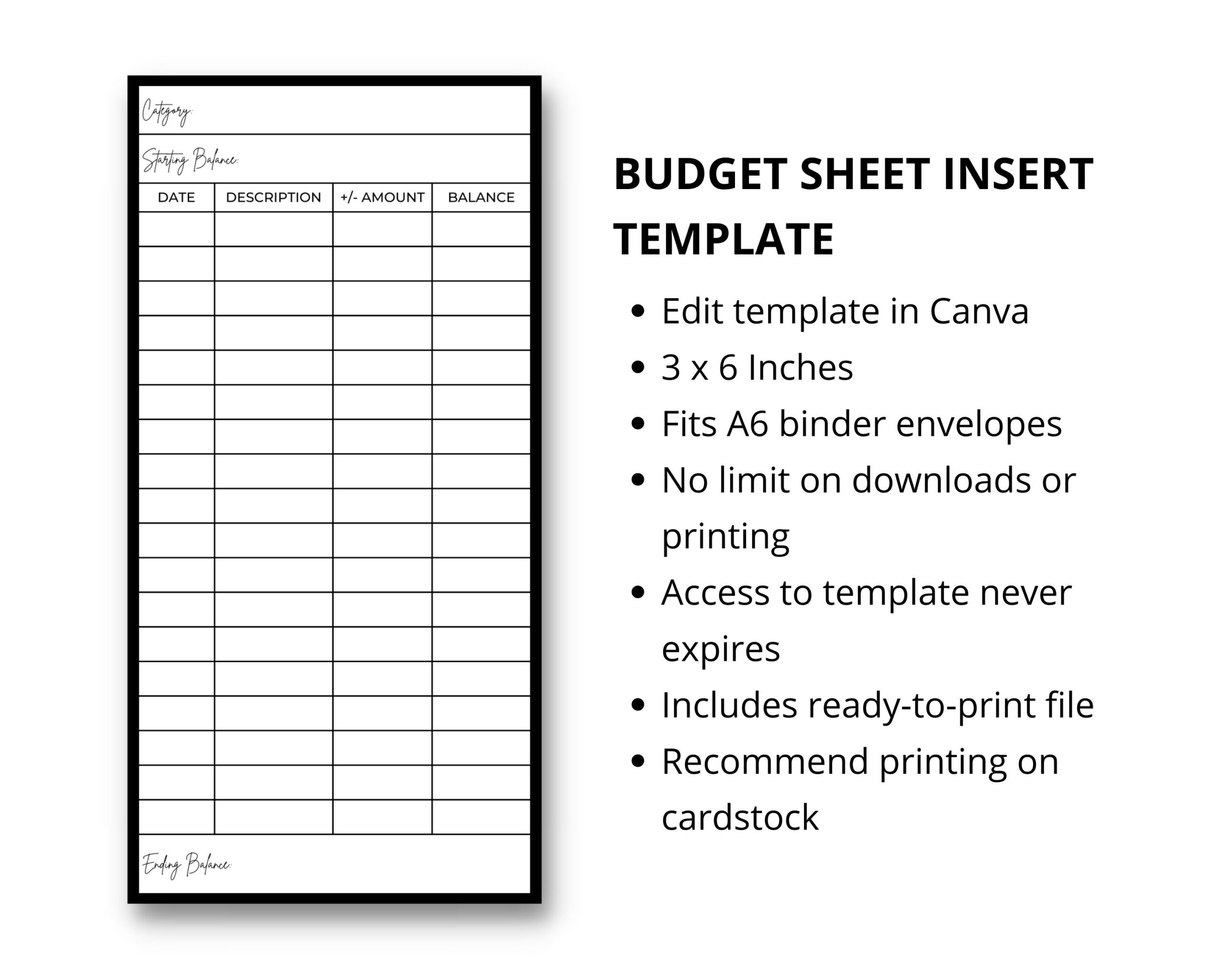 A6 Budget Sheet Insert Minimalist Cash Envelope Template Digital Download Etsy