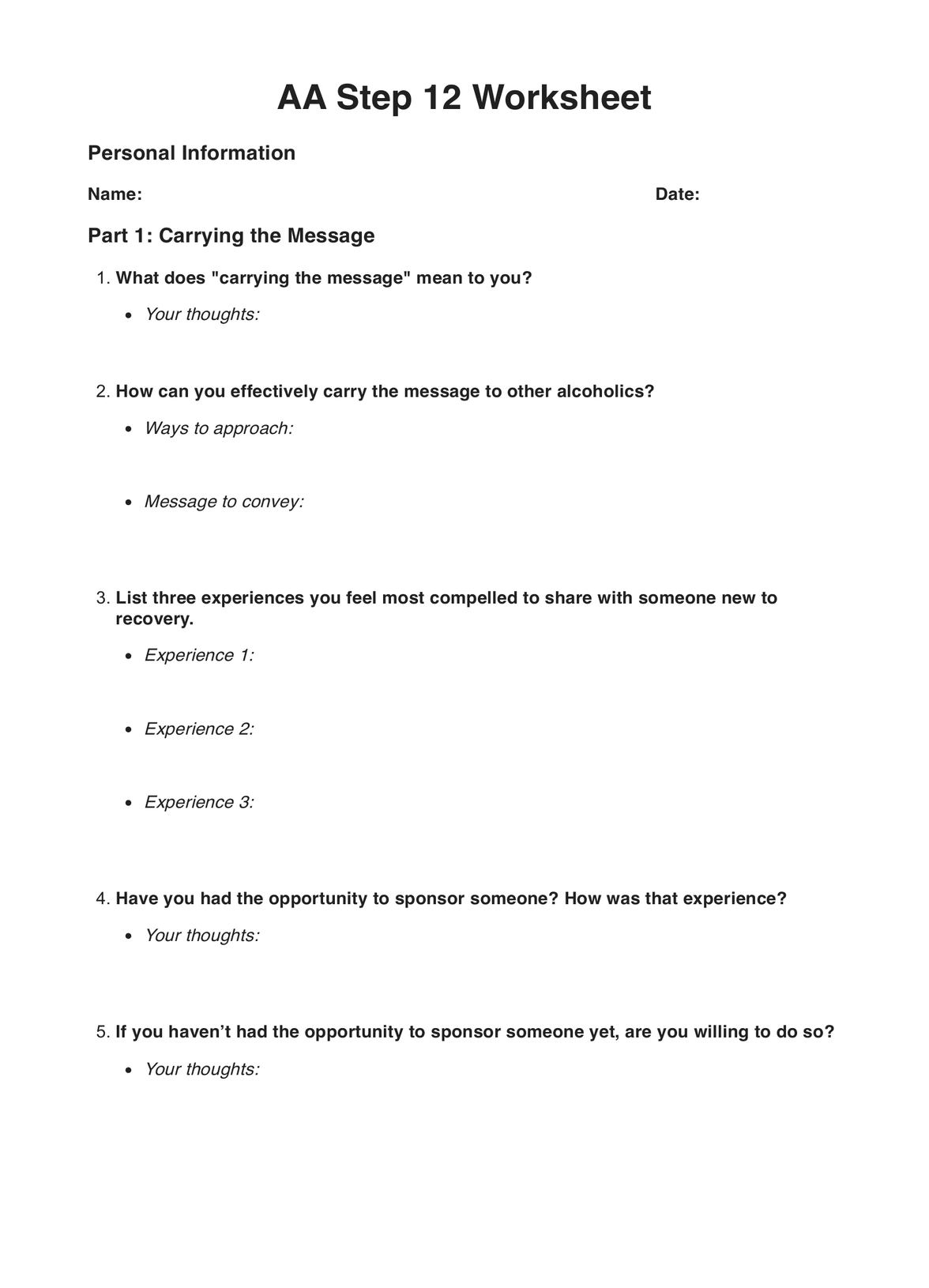 AA Step 12 Worksheets