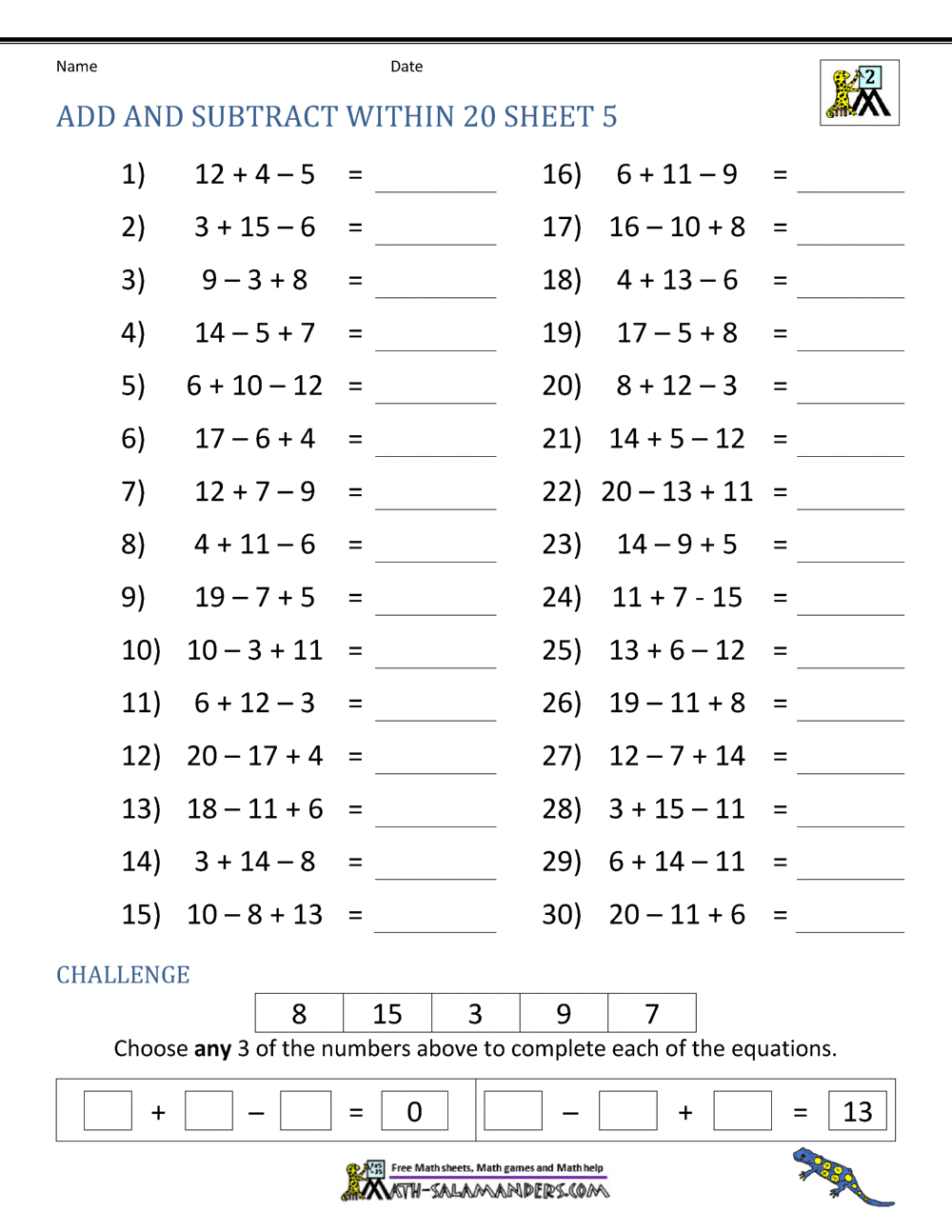 Add And Subtract Within 20