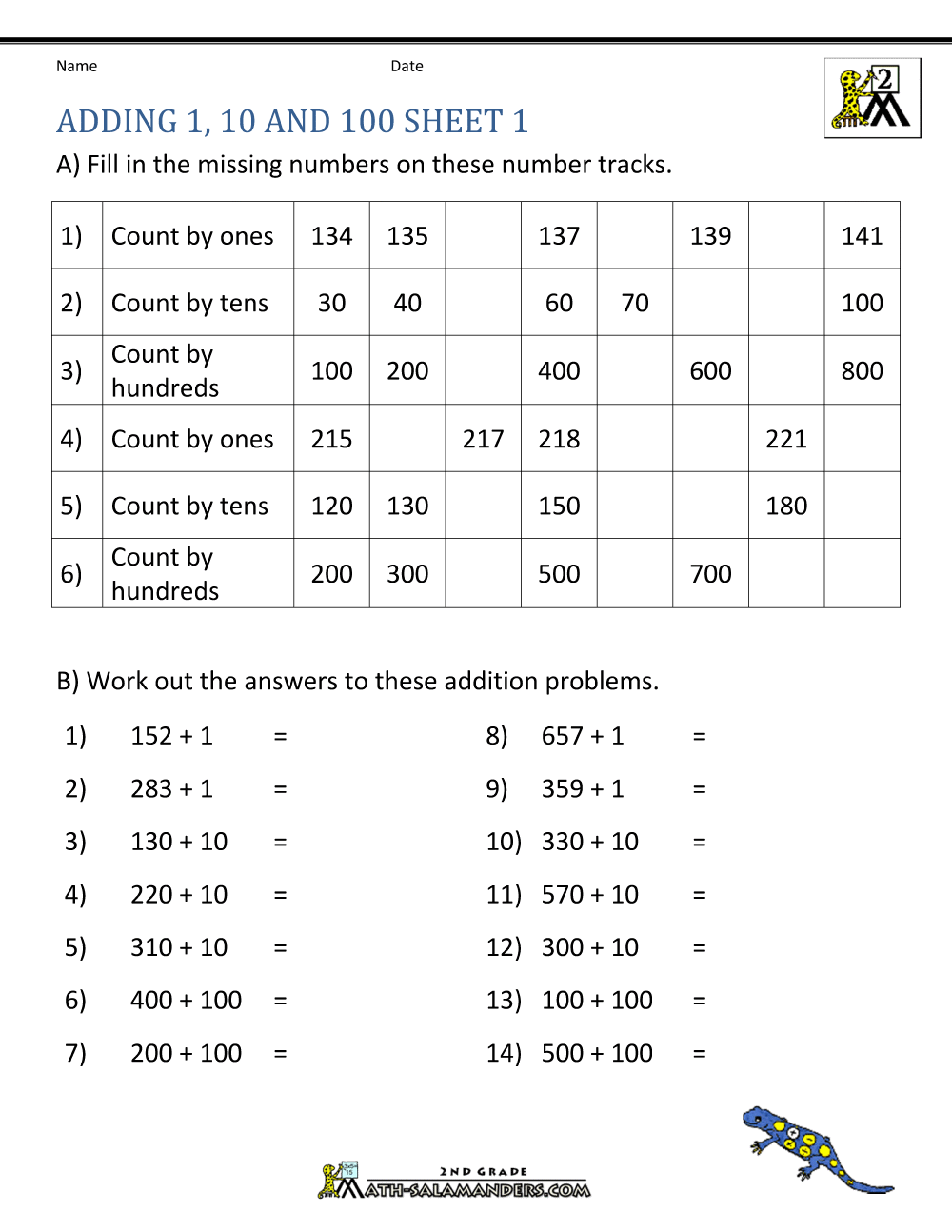 Adding 1 10 100 Worksheets