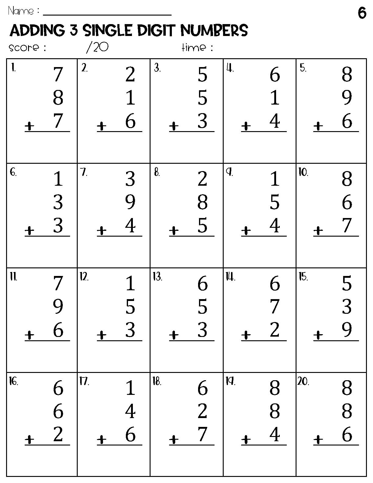 Adding 3 Single Digit Numbers Worksheets Math Timed Test Addition Etsy