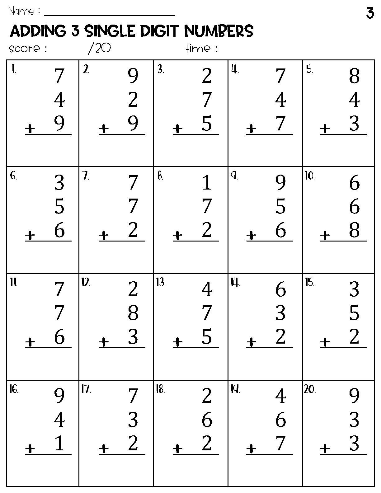Adding 3 Single Digit Numbers Worksheets Math Timed Test Addition Worksheets Library