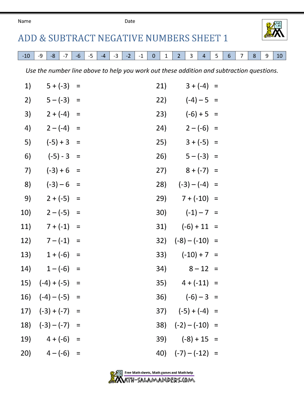 Practice Negative Number And Addition And Subtraction Worksheet Printable PDF Worksheets