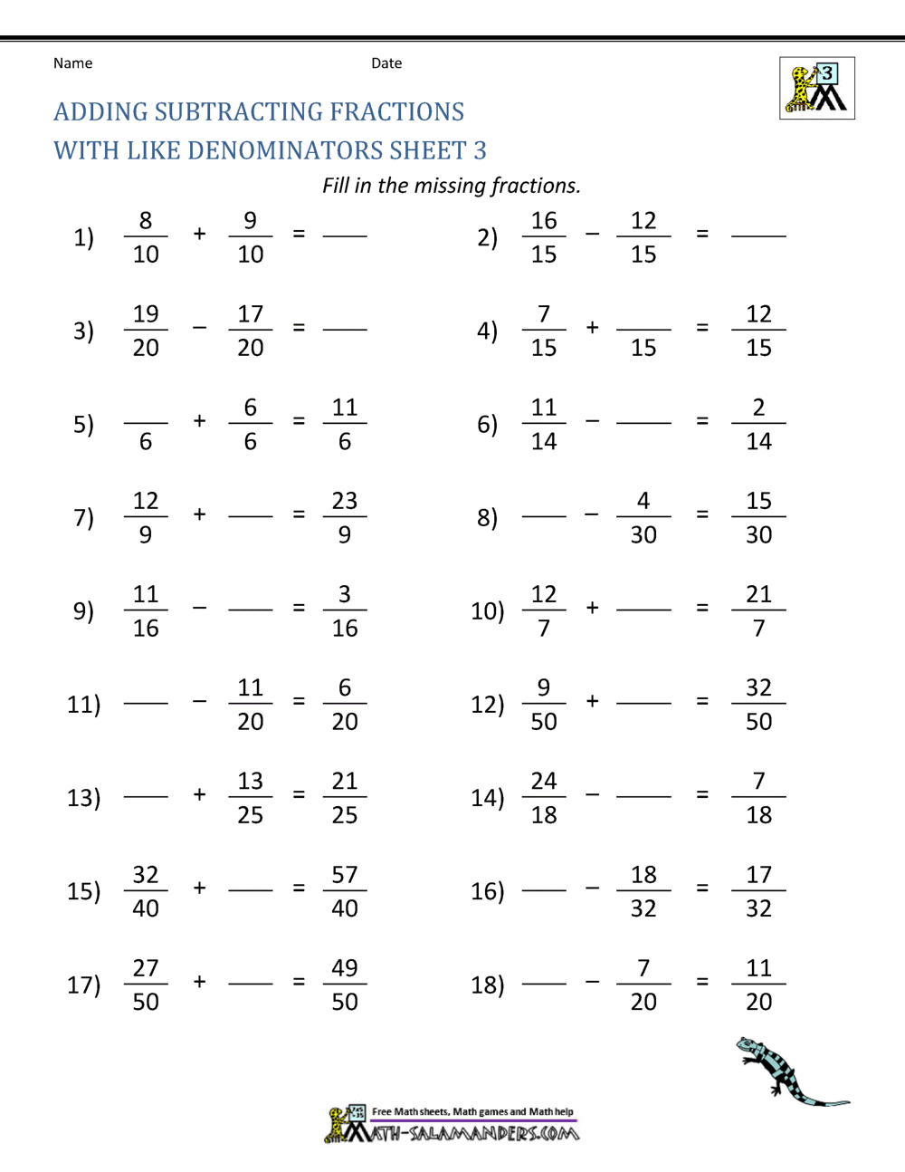 Adding And Subtracting Fractions Worksheets