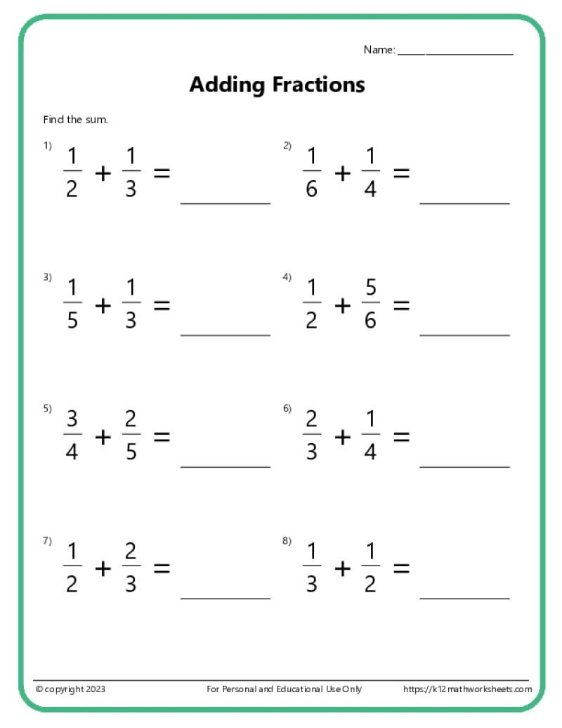 Adding Subtracting Fractions Worksheets