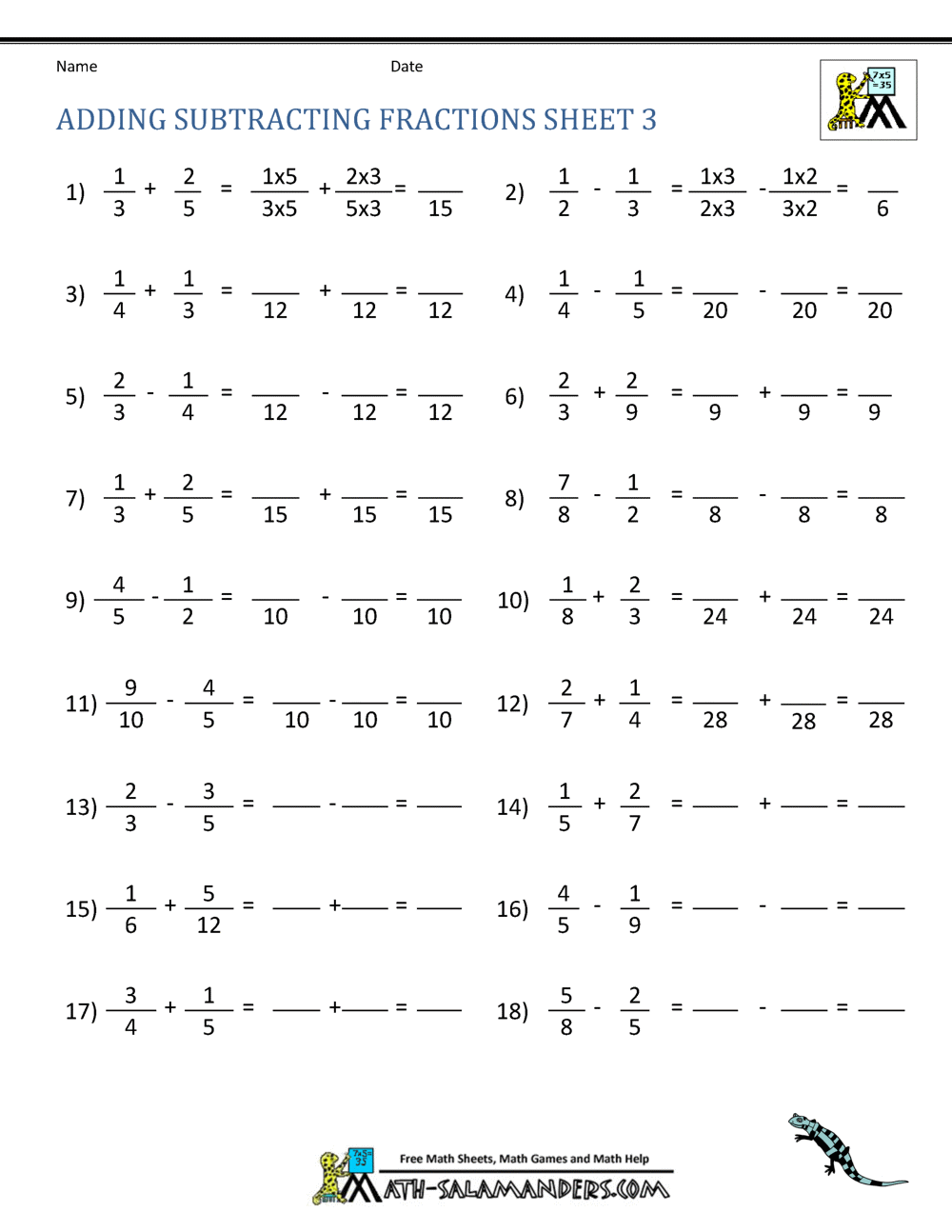 Adding Subtracting Fractions Worksheets Adding And Subtracting Fractions Worksheet Printable Maths Worksheets