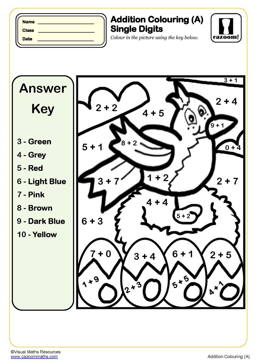 Addition Colouring A Single Digits Worksheet PDF Printable Addition Worksheets Addition Colouring A Single Digits Worksheet PDF Printable Addition Worksheets