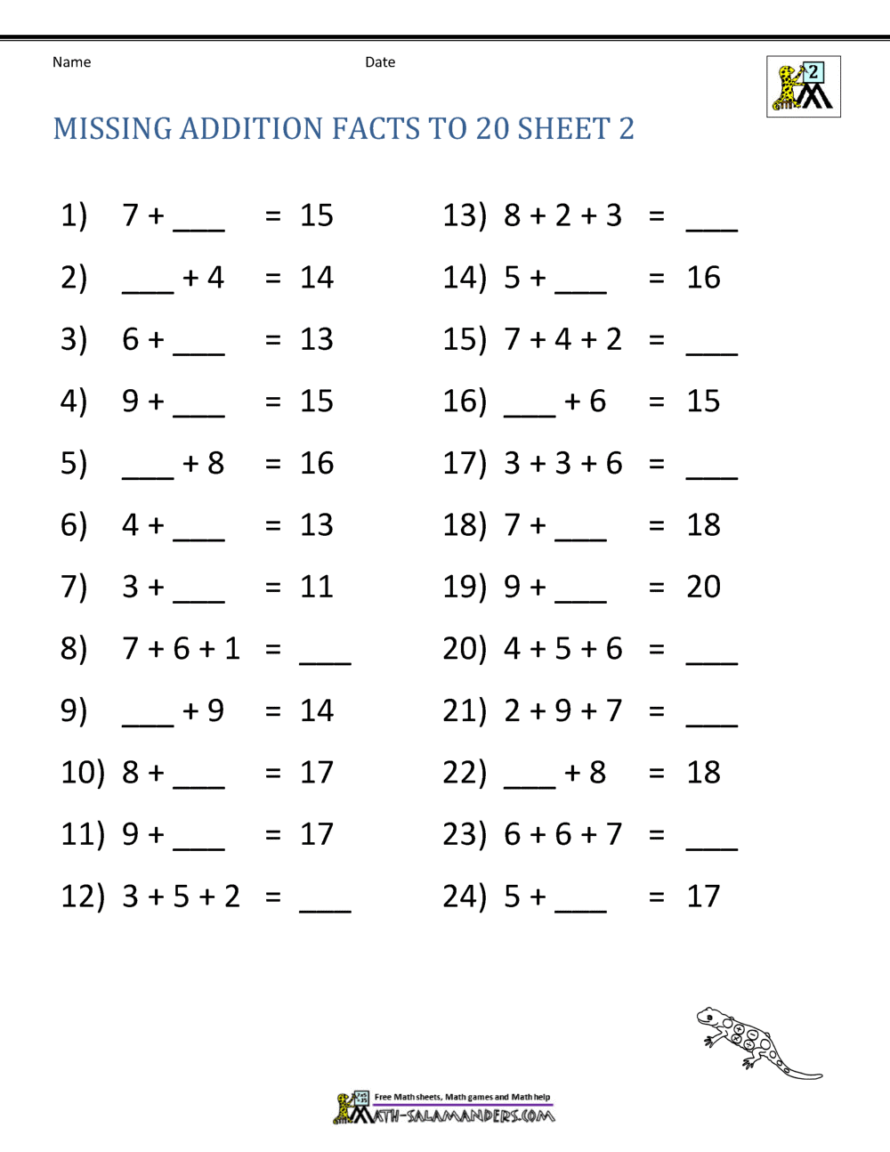 Addition Facts To 20 Worksheets