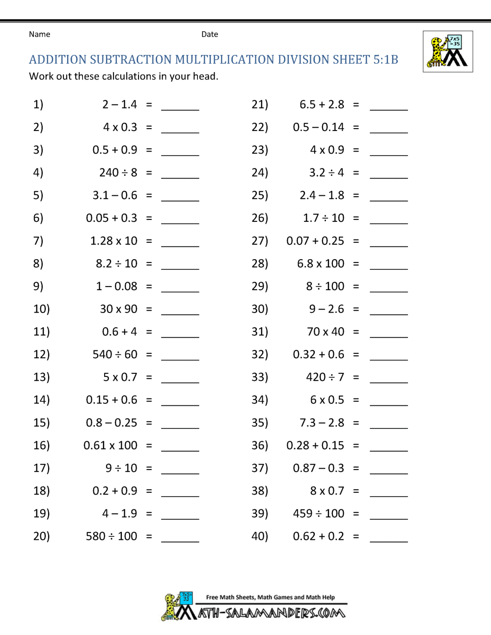Addition Subtraction Multiplication Division Worksheets Addition Subtraction Multiplication Division Worksheets