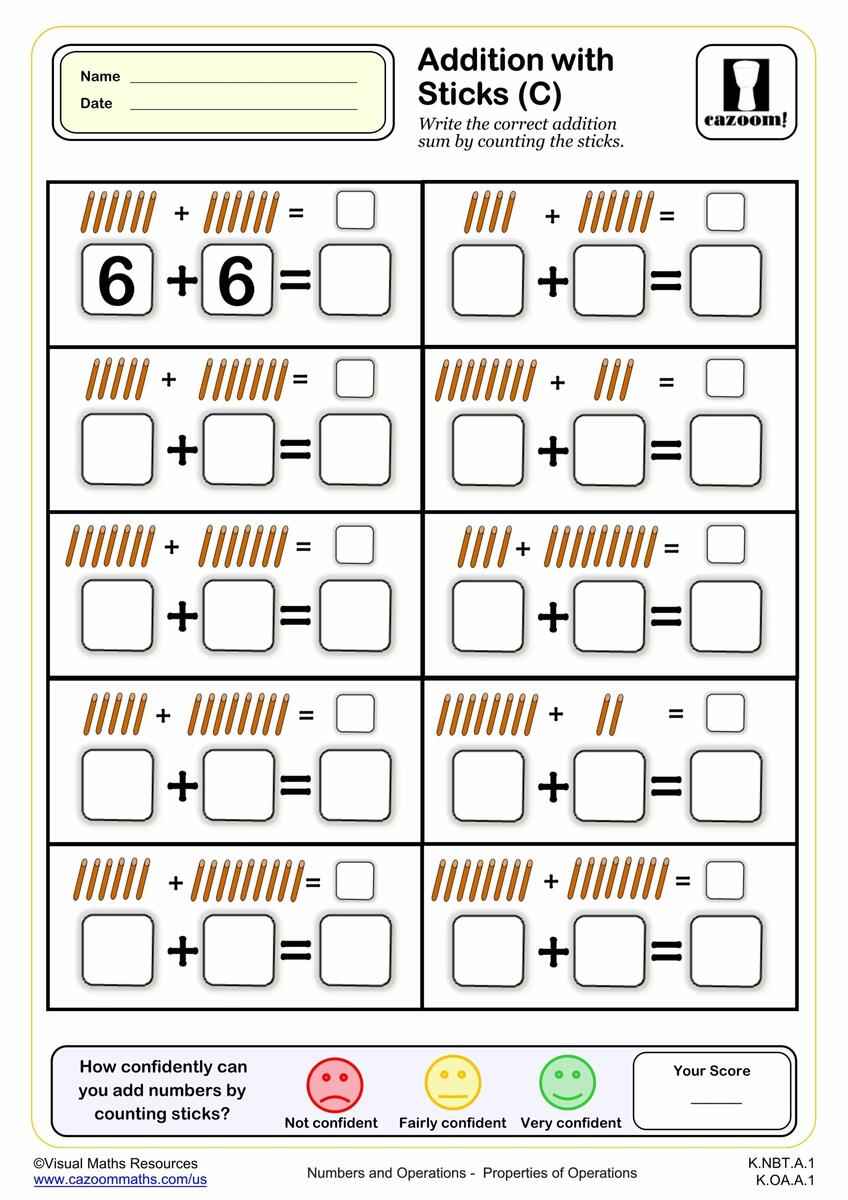 Addition With Sticks C PDF Printable Addition Worksheets Cazoom Math