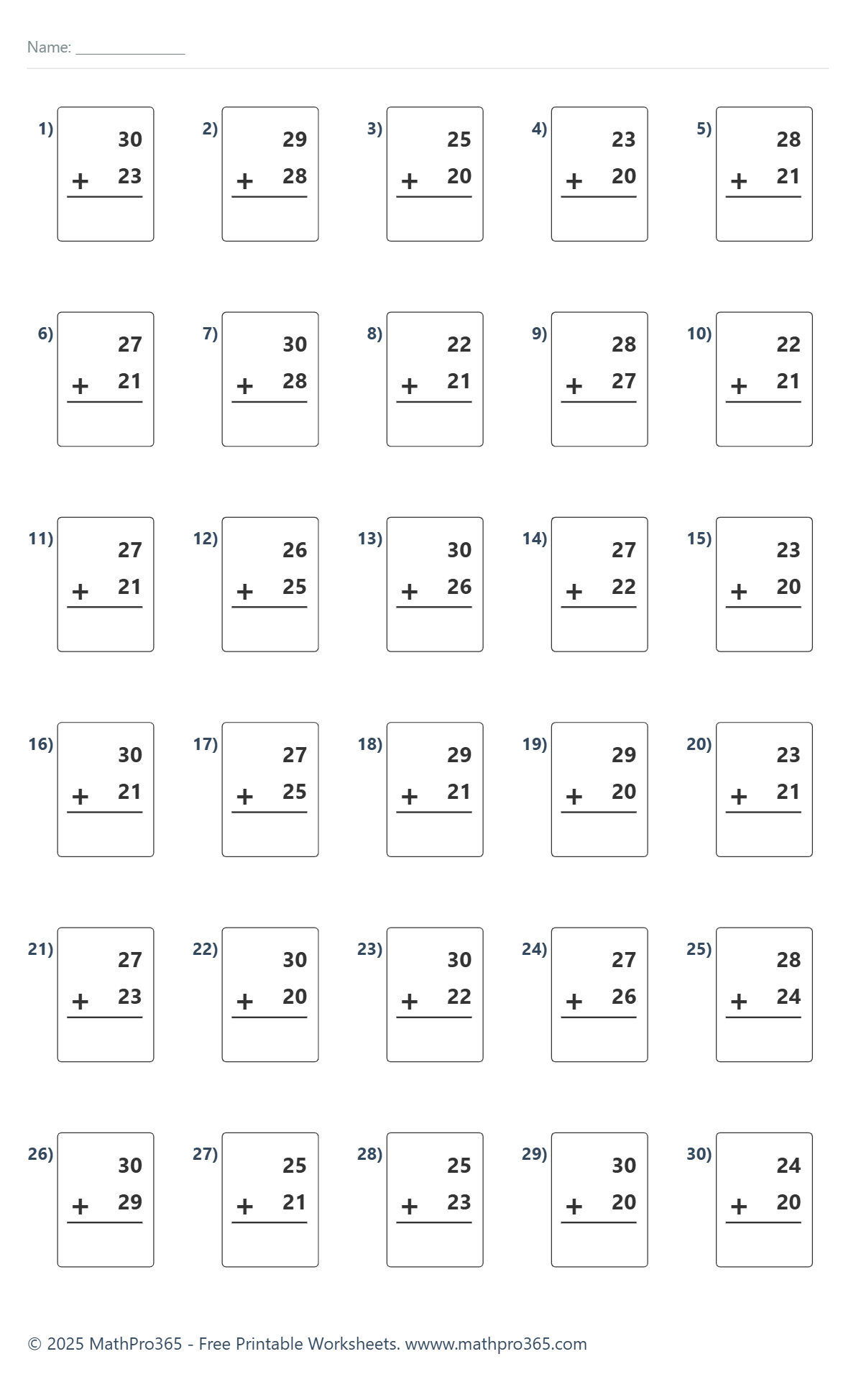 Addition Within 20 30 30 Printable Problems Grade 1 Free PDF MathPro365