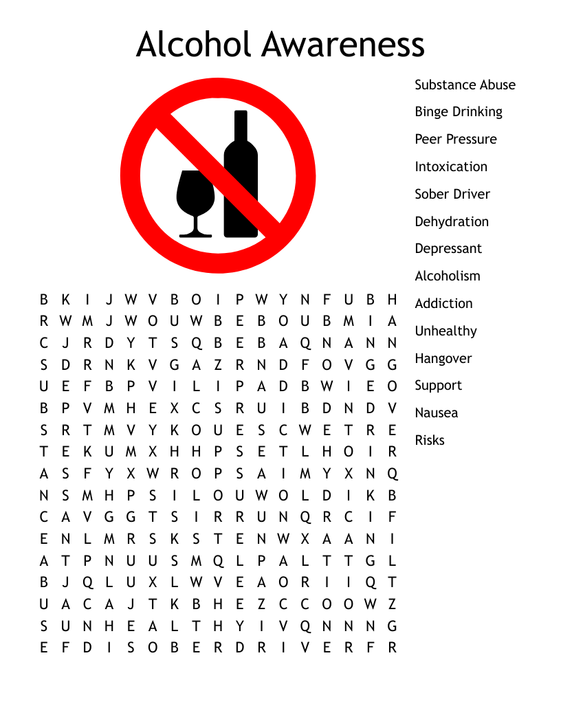 Alcohol Awareness Word Search WordMint