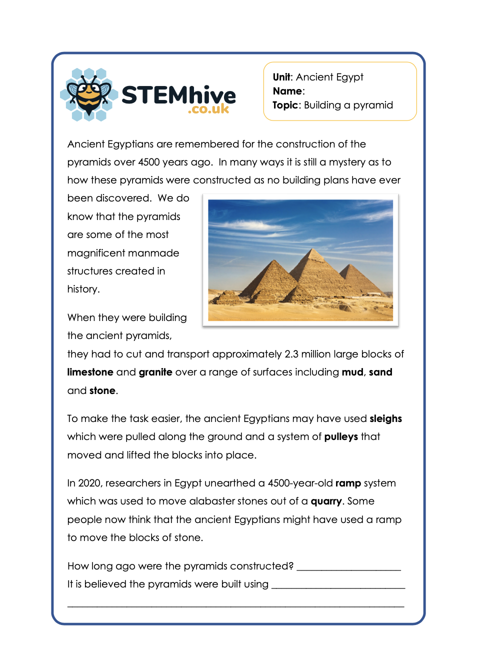 Ancient Egypt Topic Science STEM Year 3 Year 4 Experiments Activities