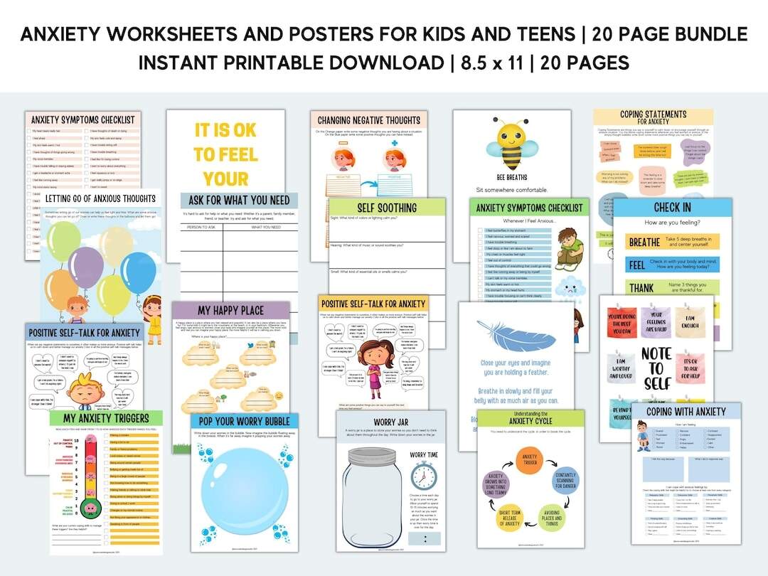 Anxiety Worksheets Printable Bundle For Kids And Teens Therapy Counseling Social Anxiety Emotional Learning Mental Health Relief Etsy