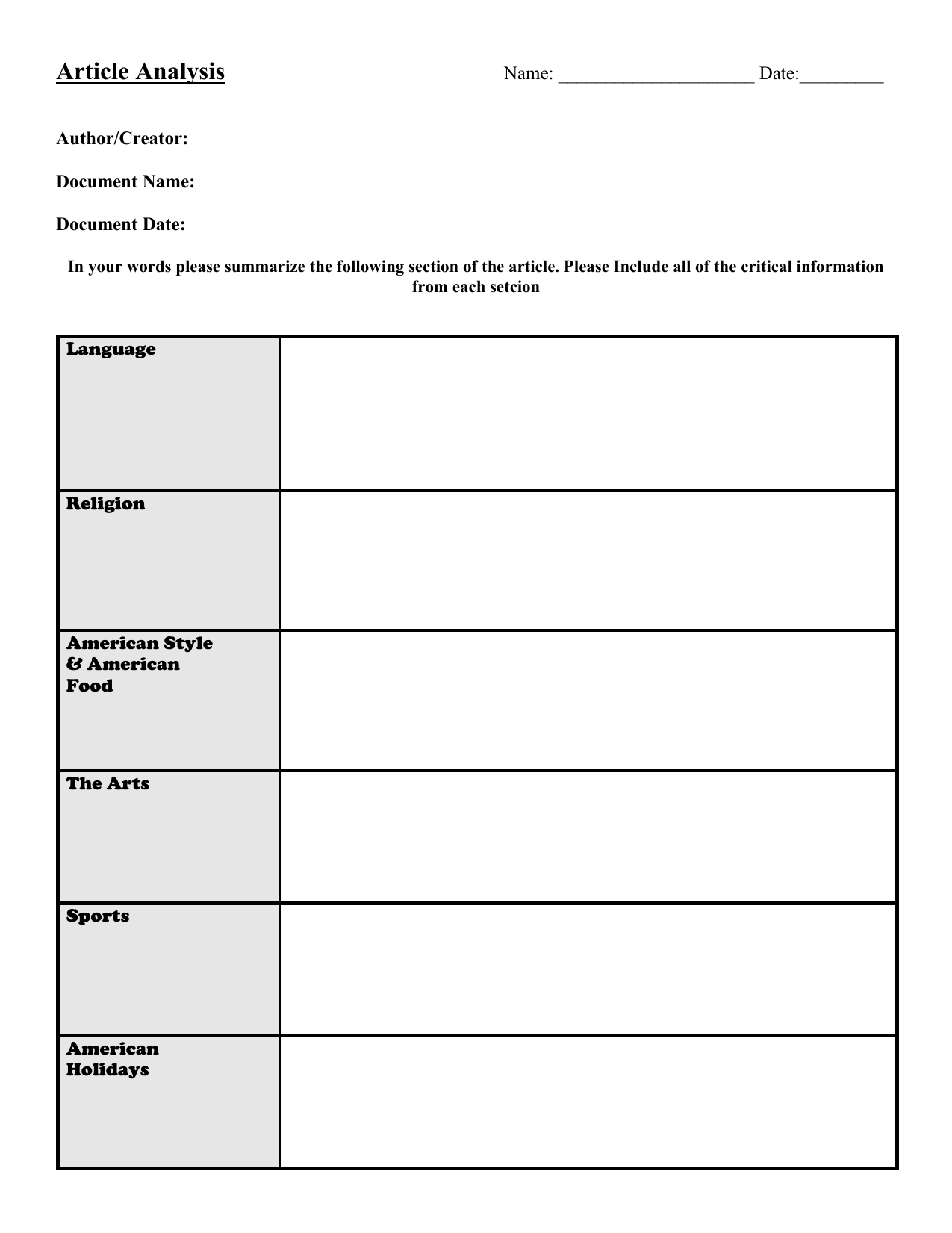 Article Analysis Worksheet For Grade School