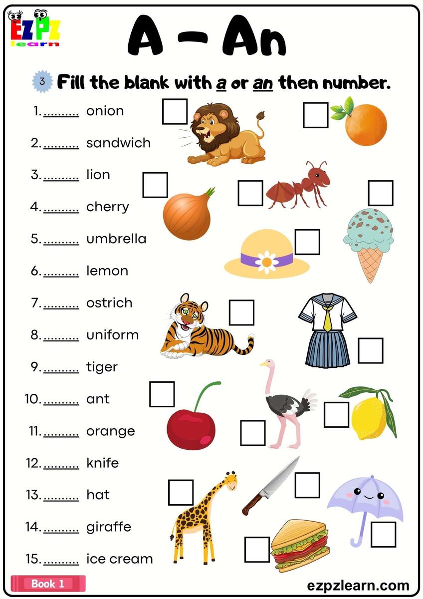 Articles A An Fill In The Blanks Grammar Worksheet Book 1 Ezpzlearn Articles A An Fill In The Blanks Grammar Worksheet Book 1 Ezpzlearn