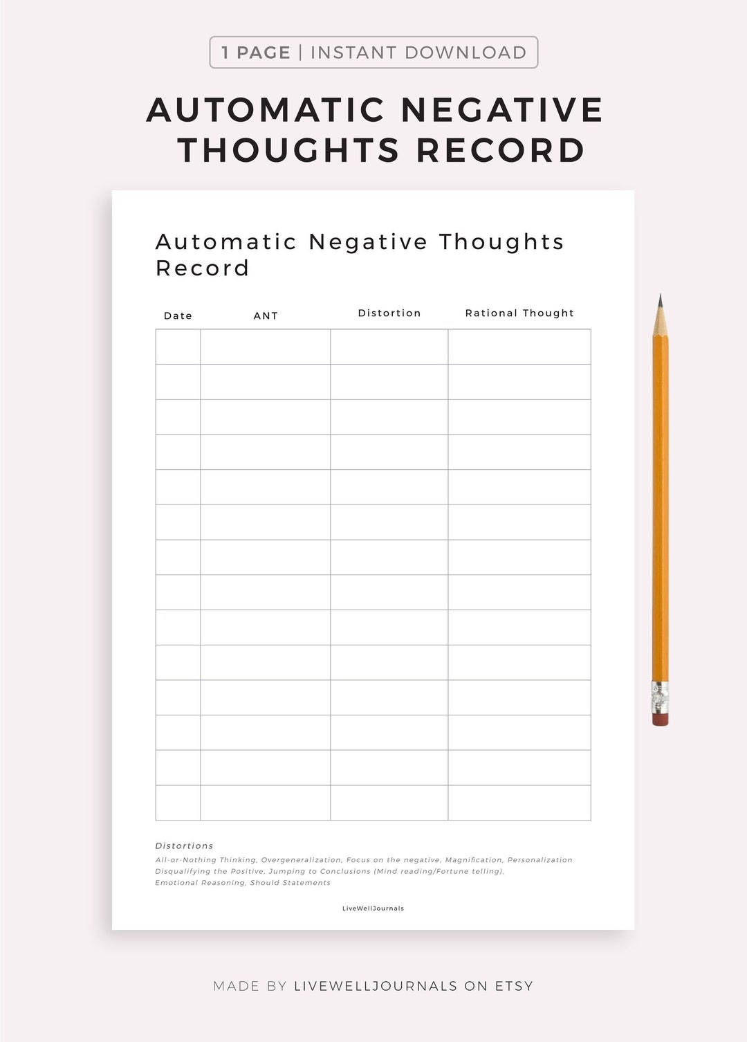 Automatic Negative Thoughts Record CBT Worksheets Mental Health Printable PDF Self Help Tool Instant Download Etsy Automatic Negative Thoughts Record CBT Worksheets Mental Health Printable PDF Self Help Tool Instant Download Etsy