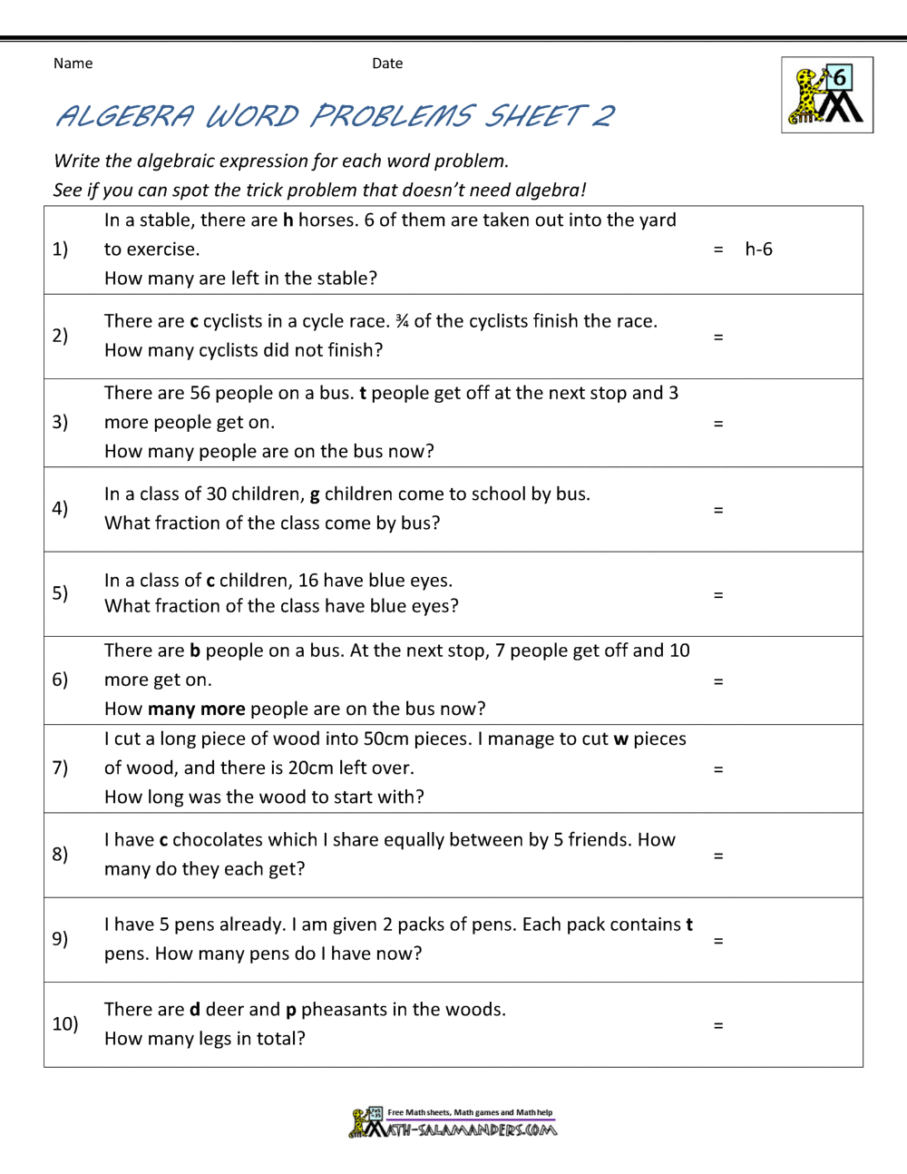 Algebra Word Problems Worksheet Worksheets Library