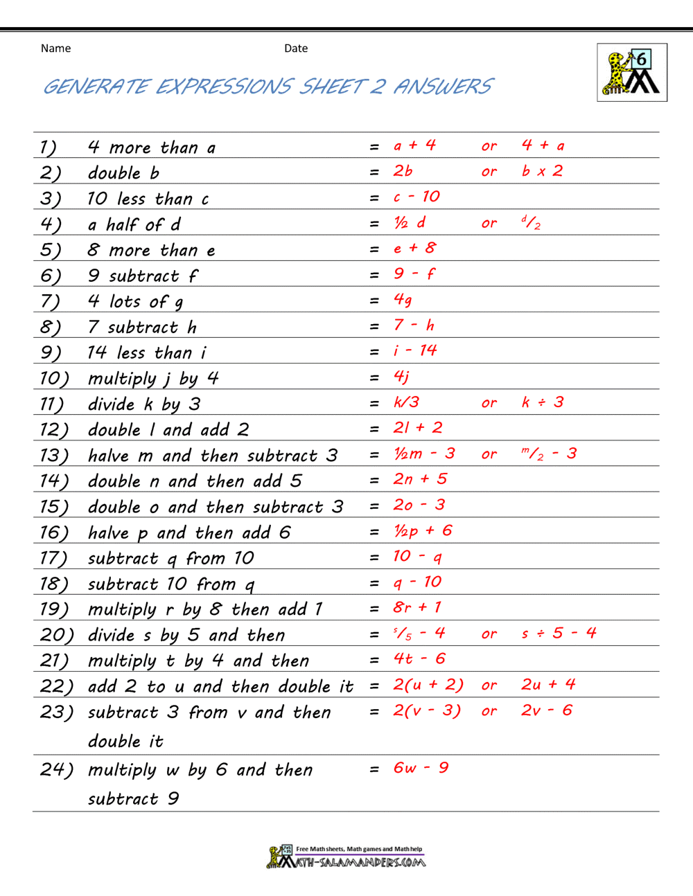 Writing Algebraic Expressions Worksheet For Grade 5 Kidpid