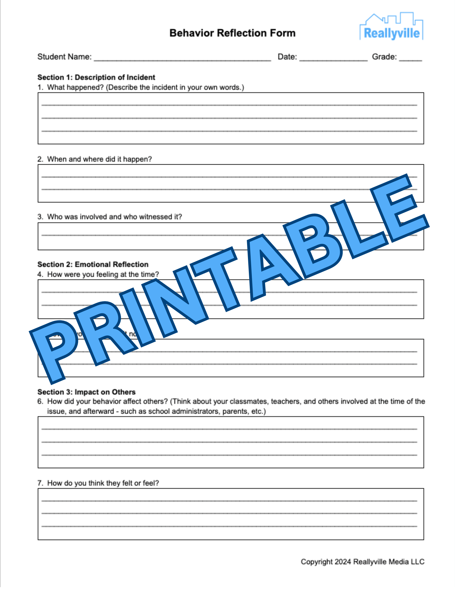 Behavior Reflection Forms Reallyville Behavior Reflection Forms Reallyville