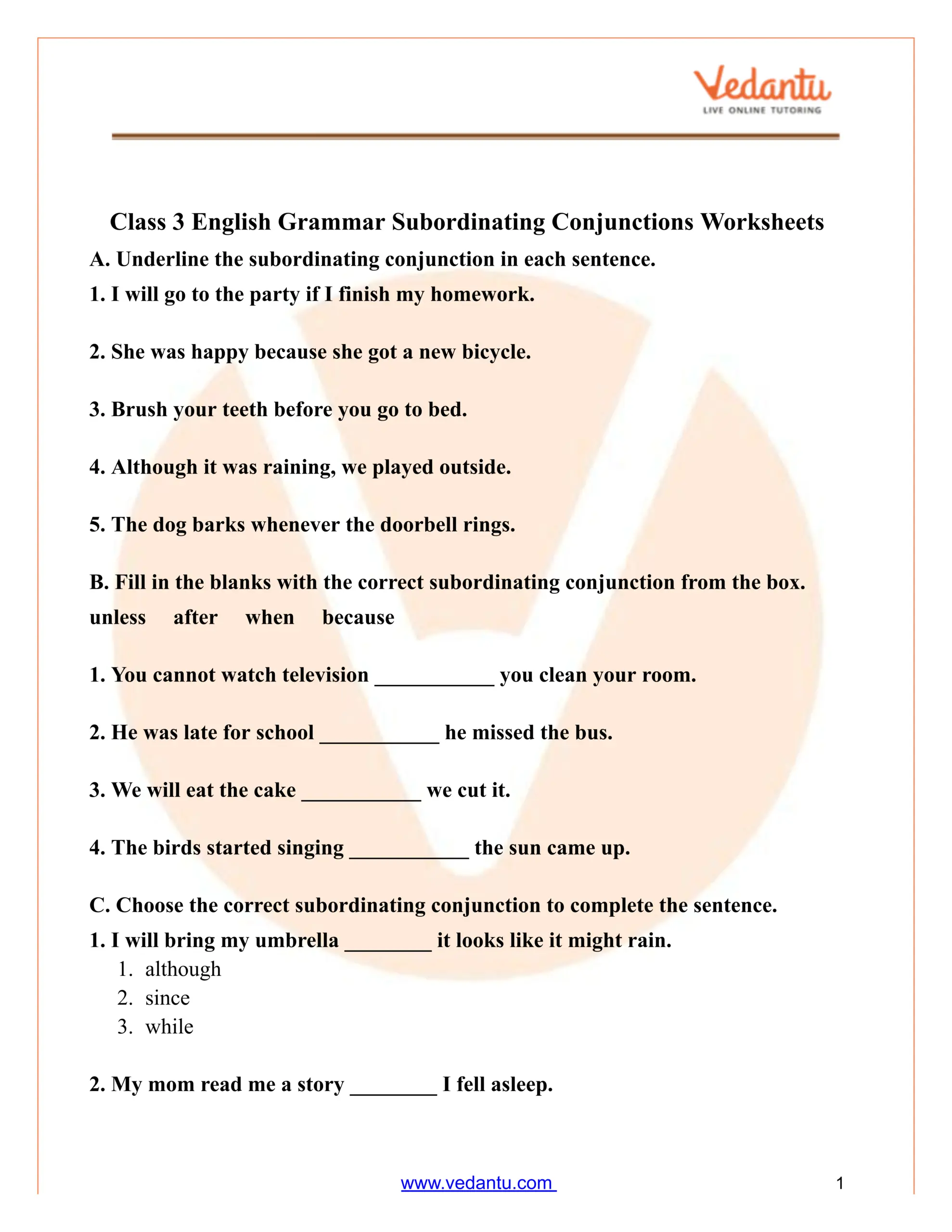 Class 3 Subordinating Conjunctions Worksheet PDF Free Download