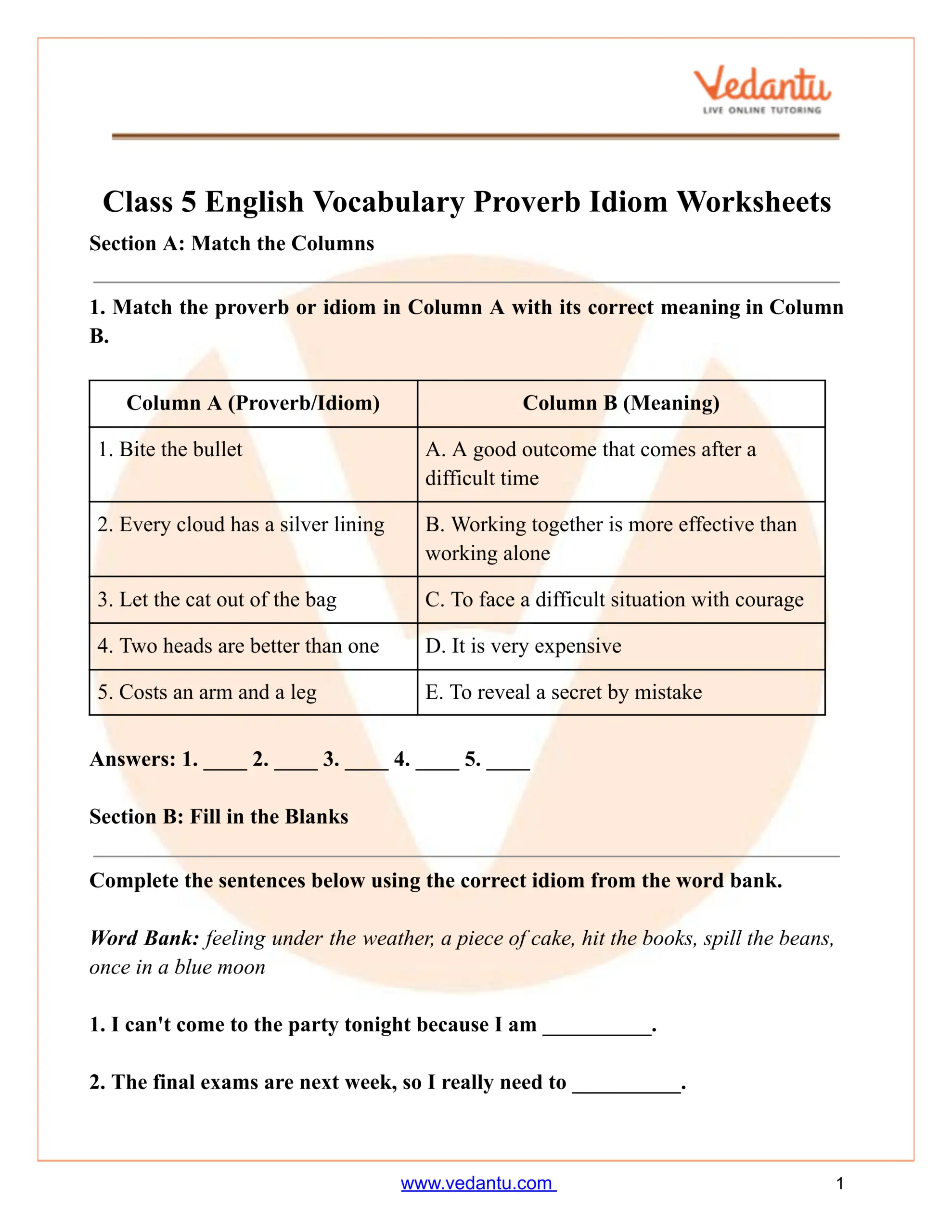Class 5 Vocabulary Proverb Idiom Worksheet PDF Printable Free Class 5 Vocabulary Proverb Idiom Worksheet PDF Printable Free