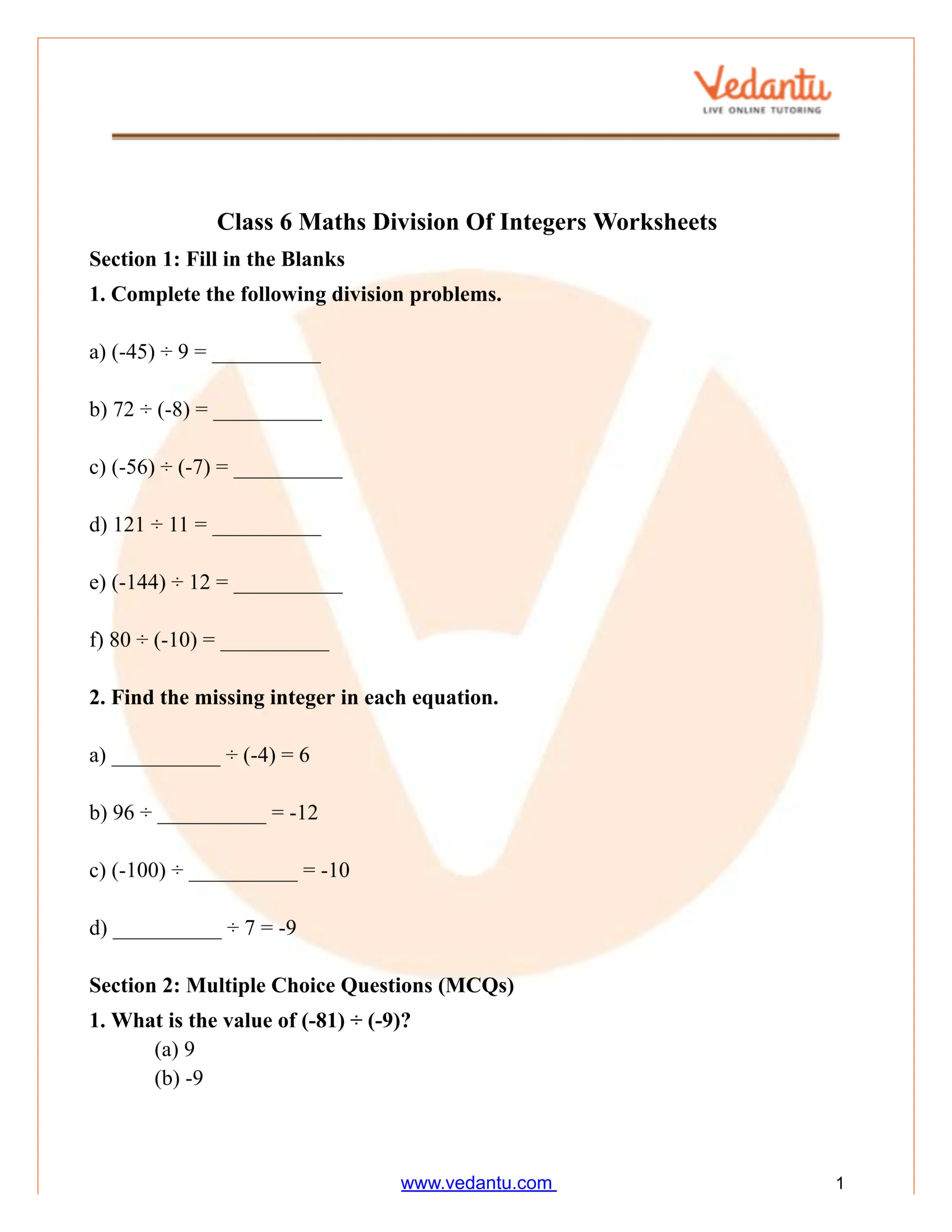 Class 6 Maths Division Of Integers Worksheet PDF Practice Answers