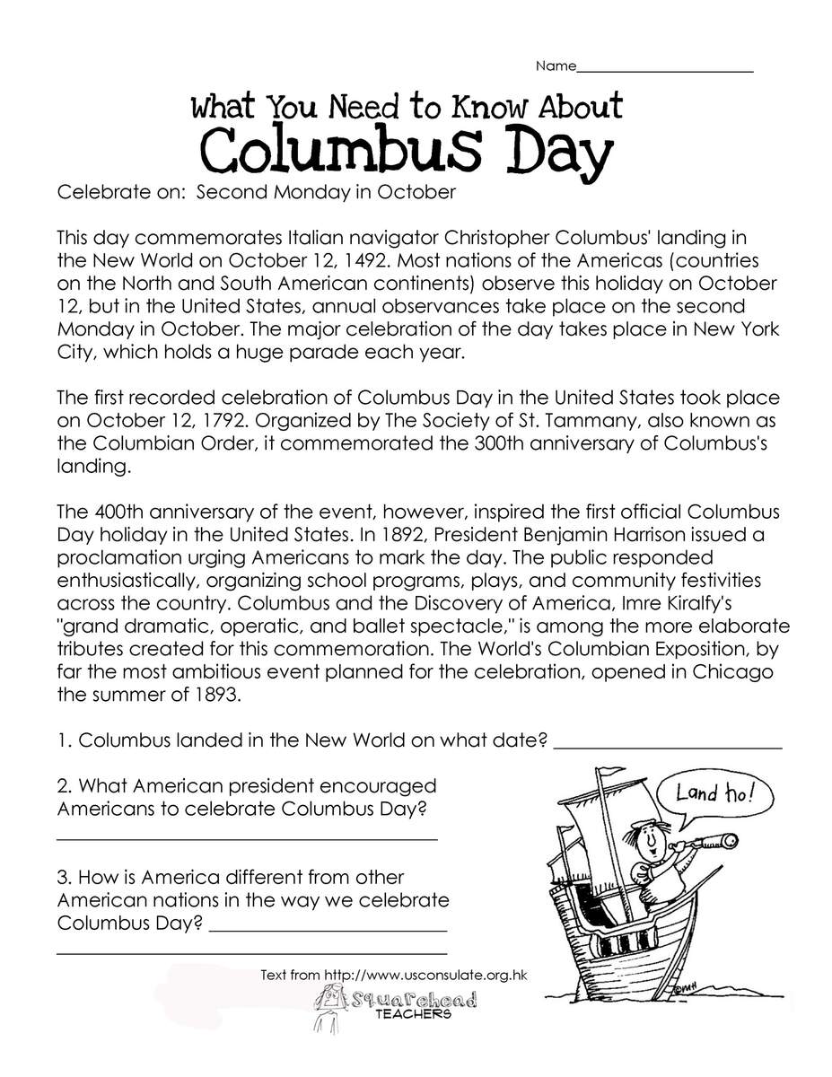 Columbus Day Free Worksheet Squarehead Teachers