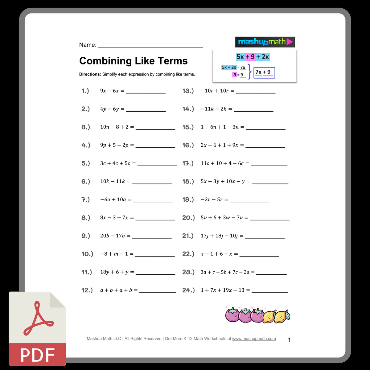 Free Custom Combining Like Terms Worksheet Templates Canva
