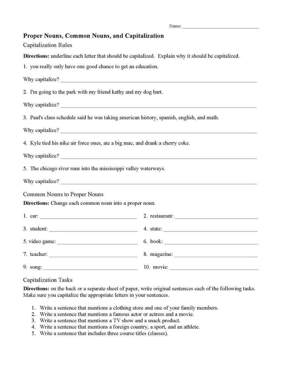 Common And Proper Nouns And Capitalization Worksheet Grammar Activity Capitalization Worksheets Lessons And Tests Language Arts Activities