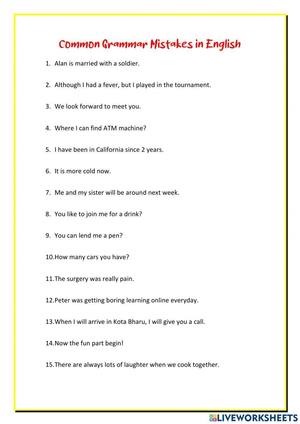 Common Mistakes In English Worksheet Worksheets Library Grammar Mistakes 7ESL