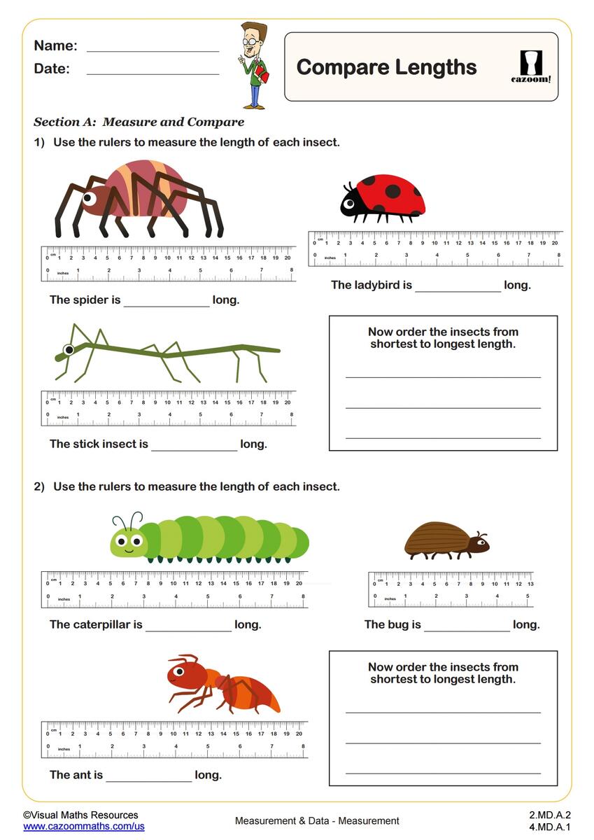 Compare Lengths PDF Printable Measurement And Data Worksheets Cazoom Math
