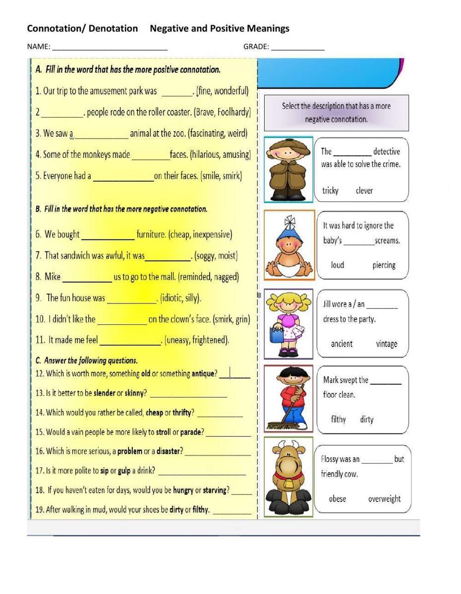Connotations denotations Positive And Negative Meanings Worksheet Worksheets Library
