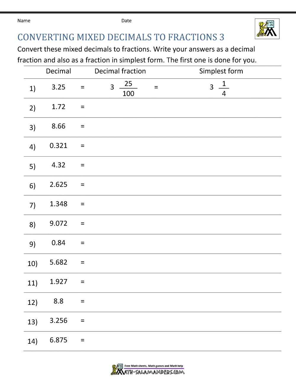 Converting Decimals To Fractions Worksheet Converting Decimals To Fractions Worksheet