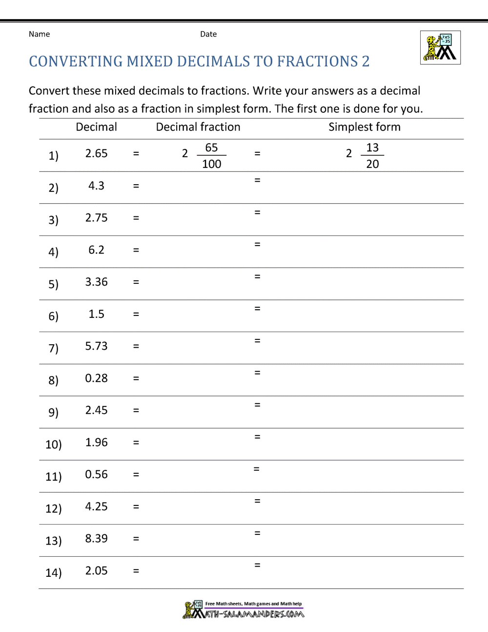 Converting Decimals To Fractions Worksheet Converting Decimals To Fractions Worksheet
